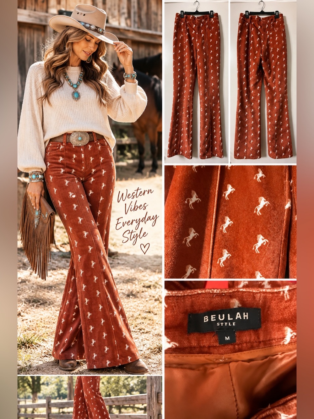 Beulah Style Rust Horse Print Flare Pants Western Size M